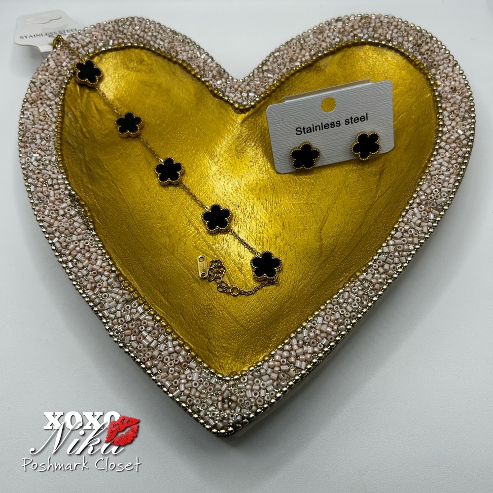 Stainless Steel Black Clover Bracelet and Earrings Set